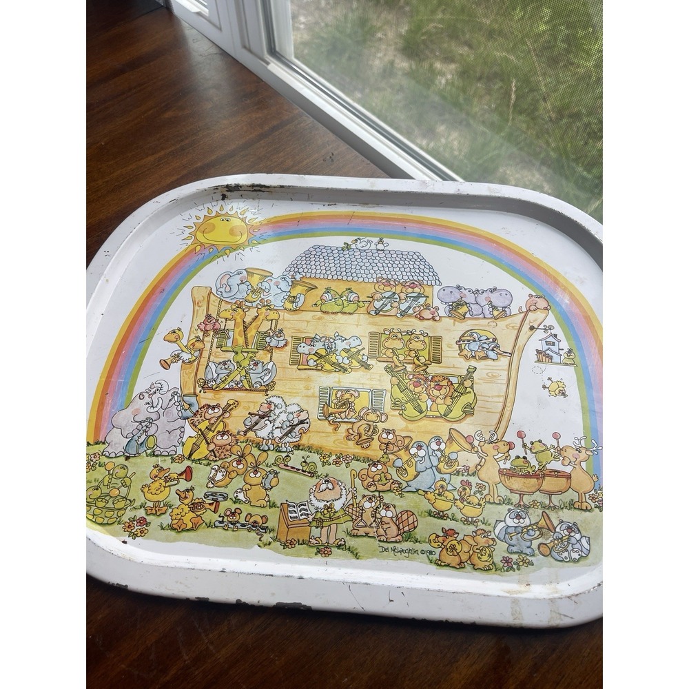 Vintage 1982 Enesco Metal Aluminum Tray Noah's Ark Animals By Twos Rainbow